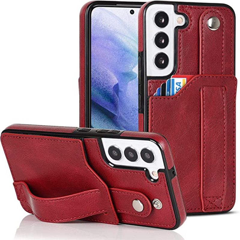 Deartha le haghaidh Cás Samsung Galaxy S22 5G Sparán le Strap Wrist Inchoigeartaithe Kickstand Cárta Cárta Creidmheasa Leathar Sealbhóir Clúdach Cosanta Hibrid Trom Dleachta Trom Clúdach Cosanta do Mhná Fir 6.1 Orlach Bándearg